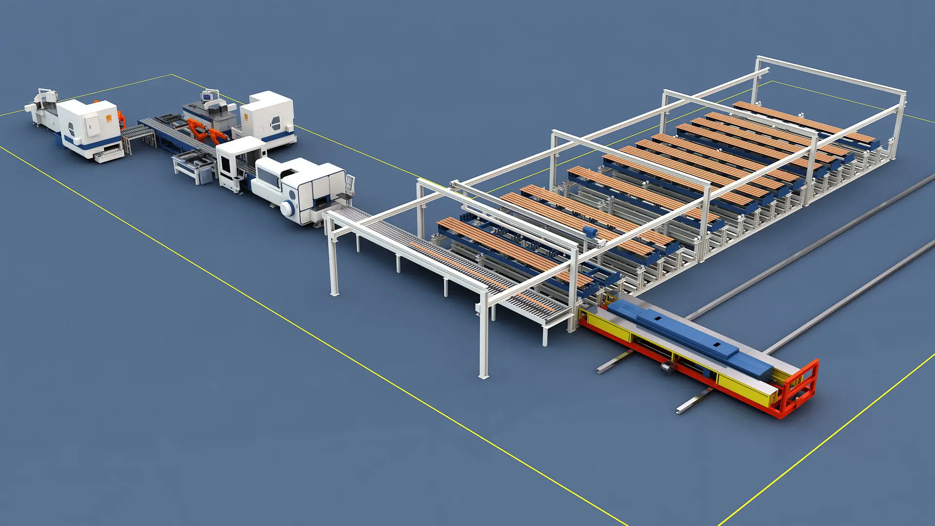 Automated busbar production line with RGV storage, processing centre and bar racking